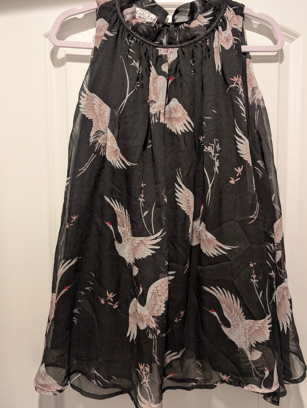 Society Black Sleeveless Top with Pink Crane Motif